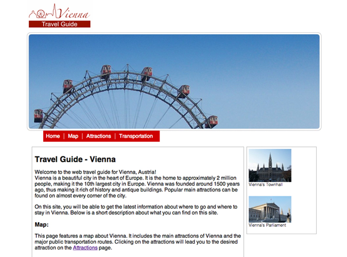 Screenshot of the Vienna Travel Guide Website